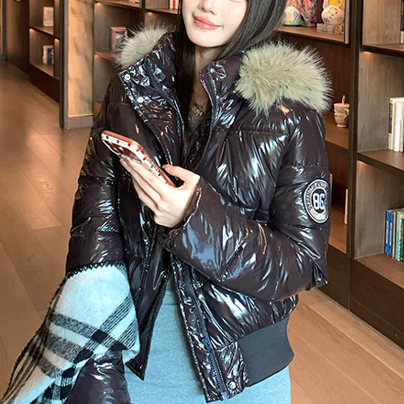 ZAROY Faux Fur Hooded Cotton Puffer Jacket Women Winter Quilted Zipper Pocket Coat Y2K Retro Padded Parkas High Street Outerwear LadyShow.Store