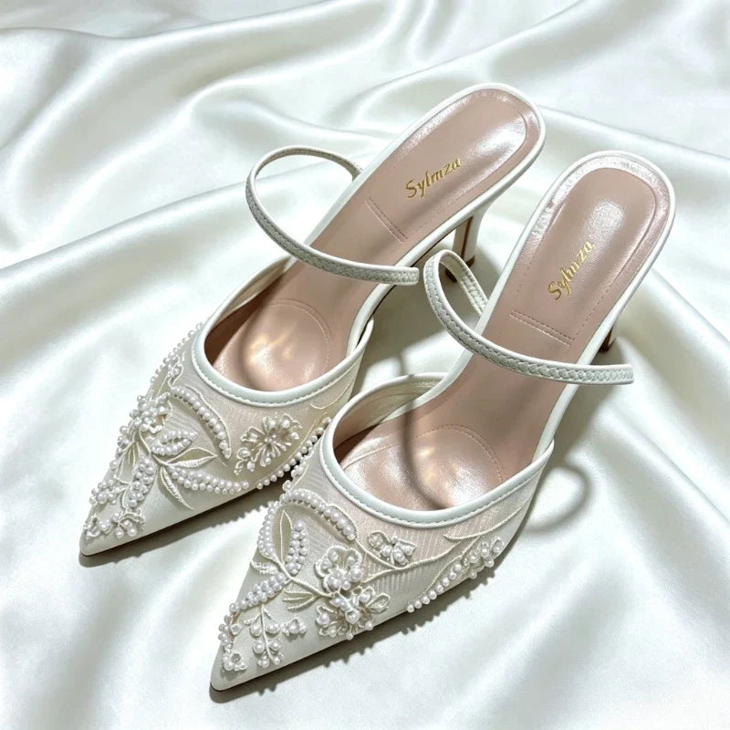 Elegant Mesh Embroidered Flowers Designer Heeled Sandals Women 2025 Summer Sexy Slingback Pointed Toe Thin High Heels Dress Shoe LadyShow.Store
