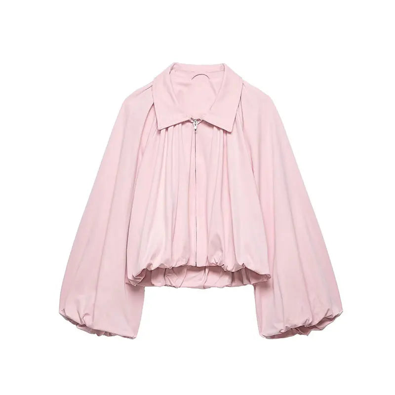 NLZGMSJ Women Bomber Jacket 2026 Spring Ball Sleeve Folds Zipper Loose Coat Female Casual Oversize Top Y2K LadyShow.Store