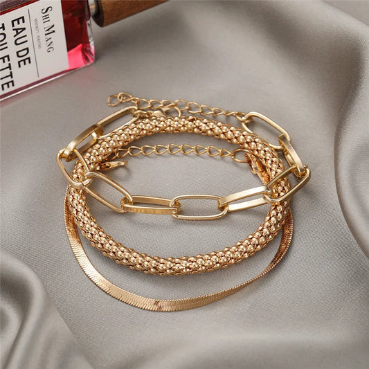 3Pcs/Set Snake Bone Popcorn Chain Bracelet For Women Gold Silver Color Multi-layer Alloy Bracelet Vintage Jewelry Party Gifts Pi-Mart