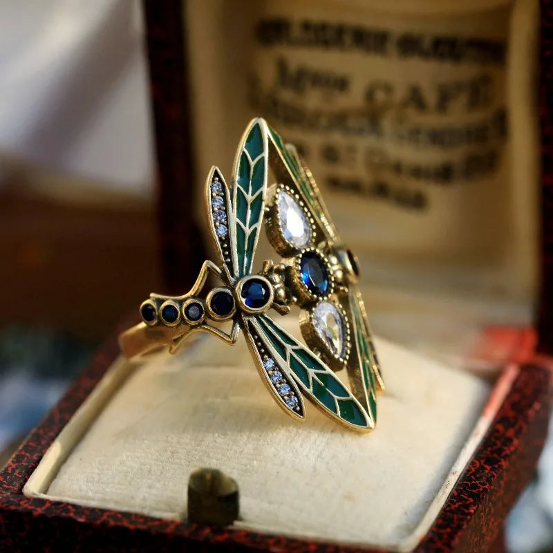 Gorgeous Vintage Insect Dragonfly Ring for Men Women Blue Cubic Synthetic Zirconia Party Jewelry Christmas Anniversary Gift Pi-Mart