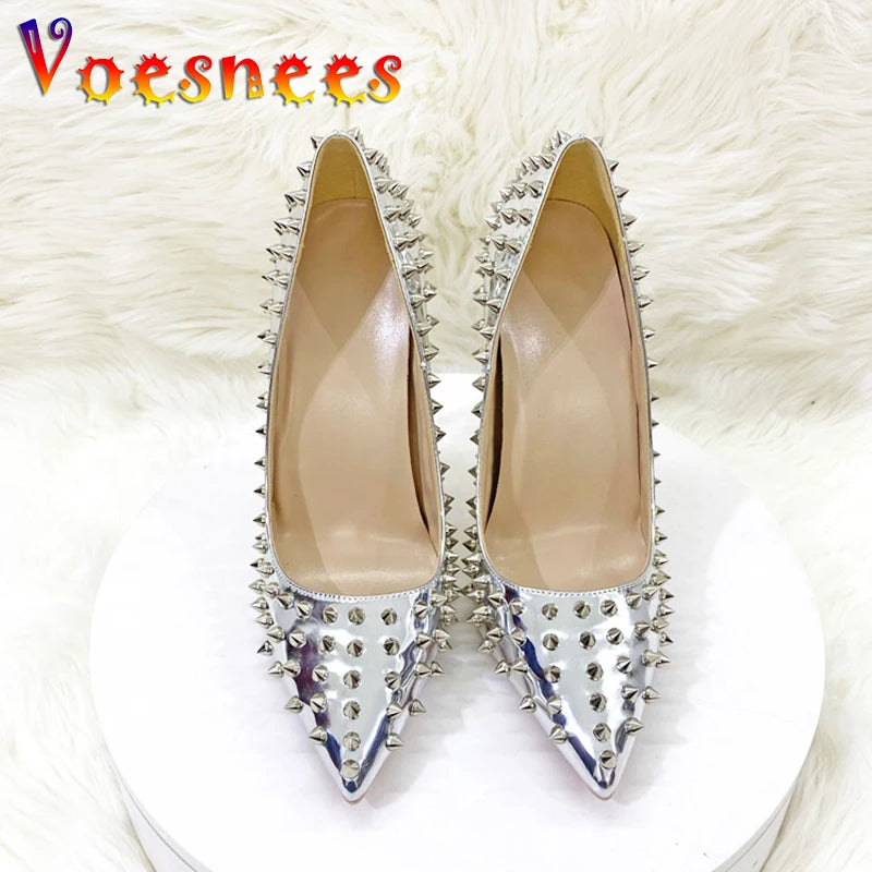 Women New Rivet High Heels 12CM Fashion Pointed Toe Party Single Shoes Europe And America Club Stage Pumps Silver Plus Size 43 Pi-Mart