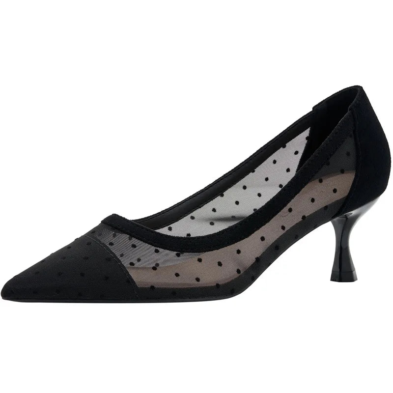 maogu Black Women Pointed Toe High Heel Work Shoes Dot Mesh Vintage Elegant Shallow Stiletto 2023 Spring Summer Thin Heels Pumps LadyShow.Store