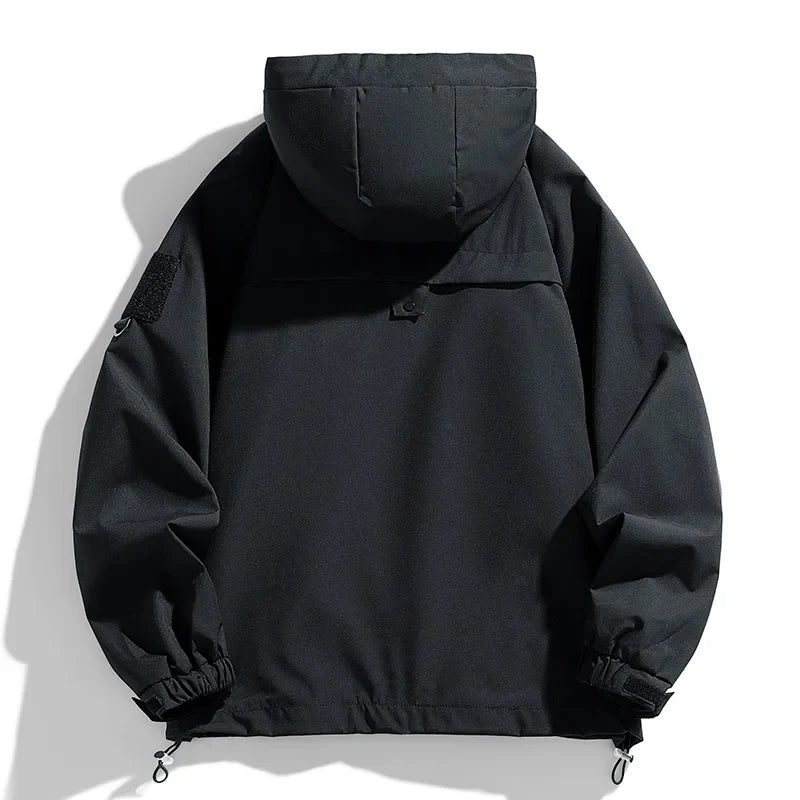 Windbreakers Men Hooded Jacket Zipper Coat Cargo Waterproof Black Bomber Camping Loose Thin Softshell Hooded Hiking Jacket LadyShow.Store