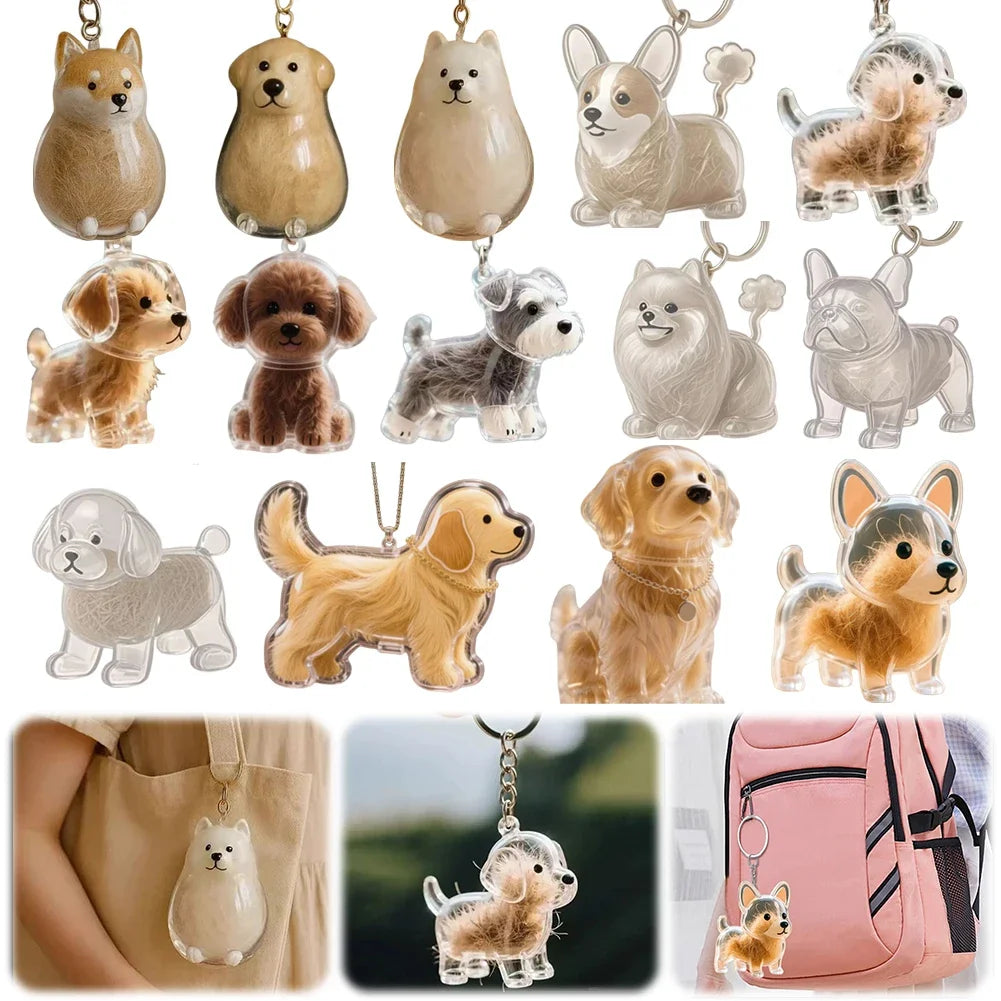 Transparent Cute Dog Pendant Keychain Creative Pet Hair Storage Capsule Hanging Ornament for Pet Lover DIY Pet Memorial Keychain Pi-Mart