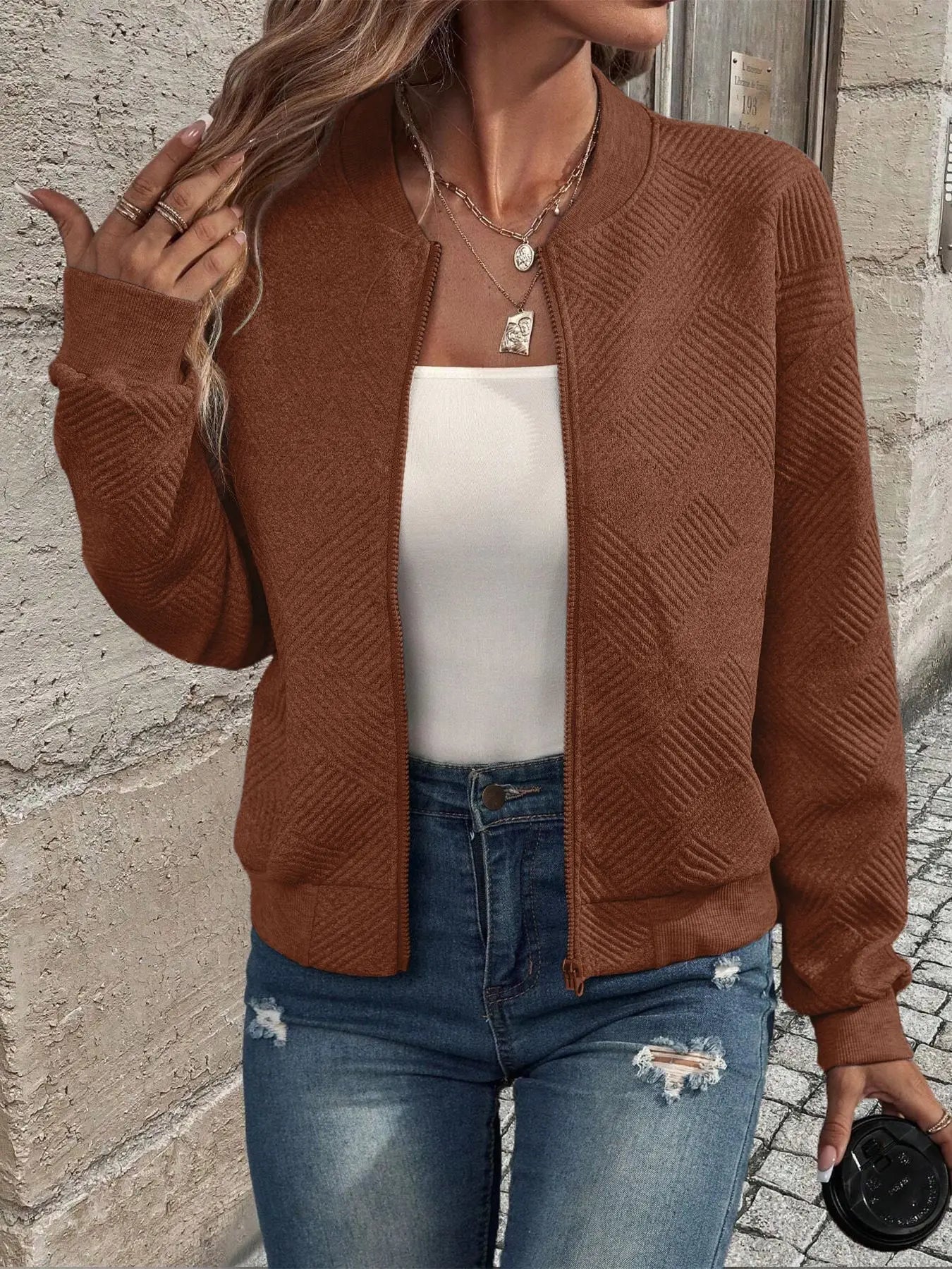 Women's autumn and winter new solid color simple and exquisite zipper jacket baseball collar casual jacket LadyShow.Store
