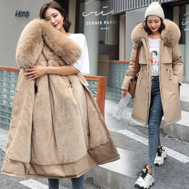2026 New Winter Women Parka Fur Hooded Jackets Thicken Warm Cotton-padded Puffer Coat Casual Long Parkas Clothes Loose Outerwear LadyShow.Store