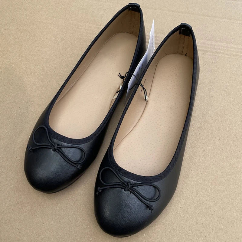 Aneikeh Spring Autumn Elegant Bowknot Ballerina Flat Women's Round Toe Comfort Slip-On Loafers Black Leather Mules Ladies Shoes Pi-Mart