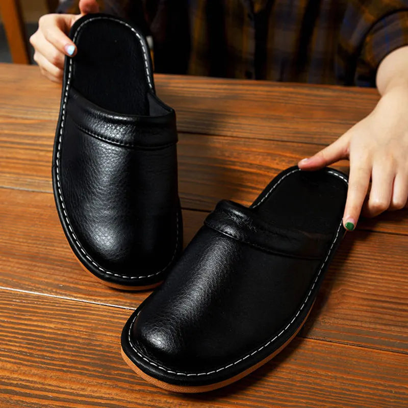 Luxury Men Leather Handmade Women Home Slippers Autumn Winter Plush Slip on Soft Black Brown Bedroom Indoor Flat Men Shoes Pi-Mart