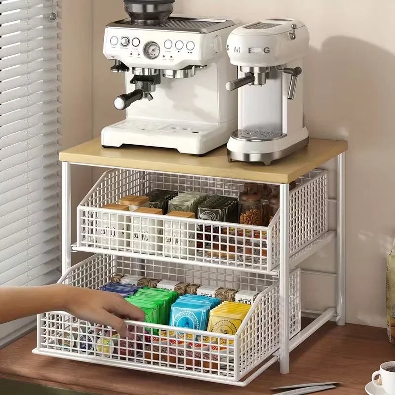 1 space saving kitchen countertop storage rack with drawers and metal baskets - sturdy multi-layer storage rack Pi-Mart