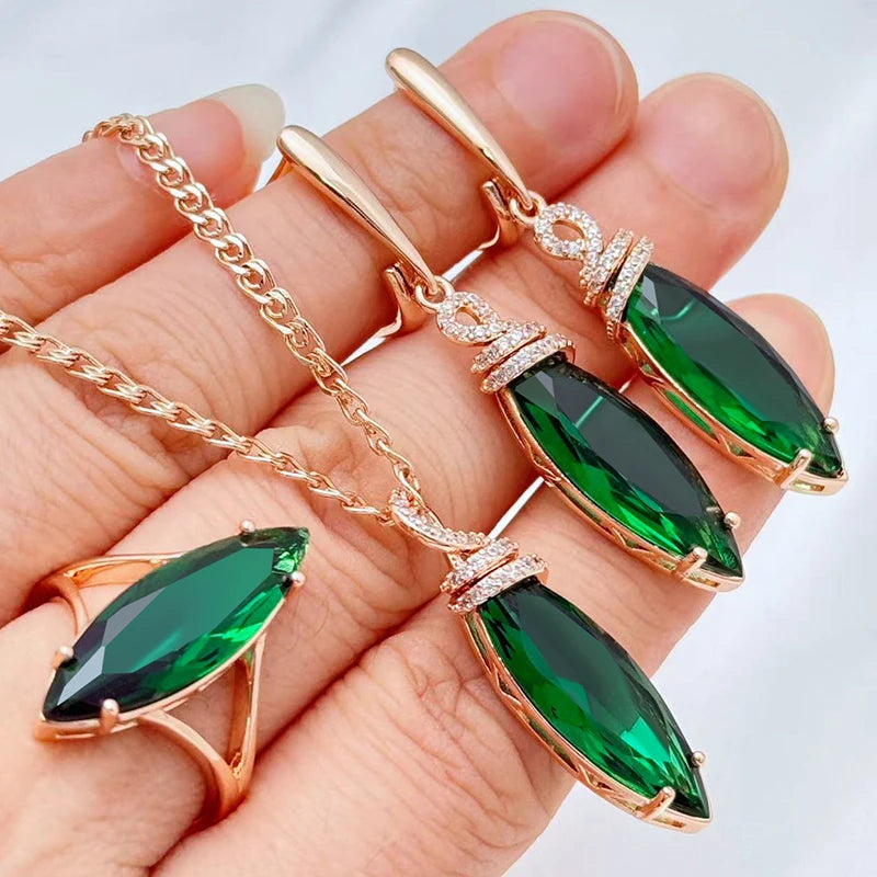 Kinel Hot Shiny Rhombus Green Natural Zircon Ring Earrings Necklace for Women Trend 585 Rose Gold Color Daily 3pcs Jewelry Sets Pi-Mart