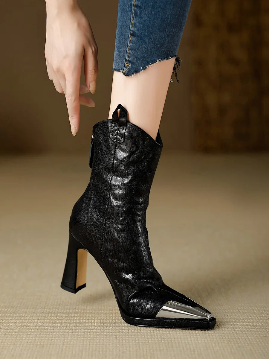 2024 New Metal Square Toe Ankle Boots for Women Fashion Patent Leather Women's Shoes Botas Mujer High Heels Shoes Women Zapatos Pi-Mart