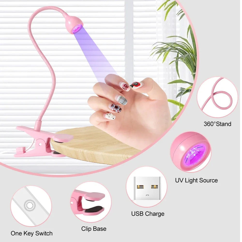 Nail LED UV Lamp for Drying Gel Nails Polish Clip-On Flexible Desk Mini Portable USB Nail Lamp UV Light Dryer for Manicure Salon Tri Light Beauty
