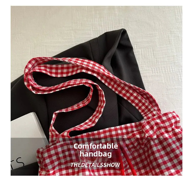 Large Capaci Cute Plaid Cotton Tote Bag  Lace Trim Women's Summer 2025 Simple Lady Handbag Soft Shoulder Bags Bolsa Feminina Pi-Mart