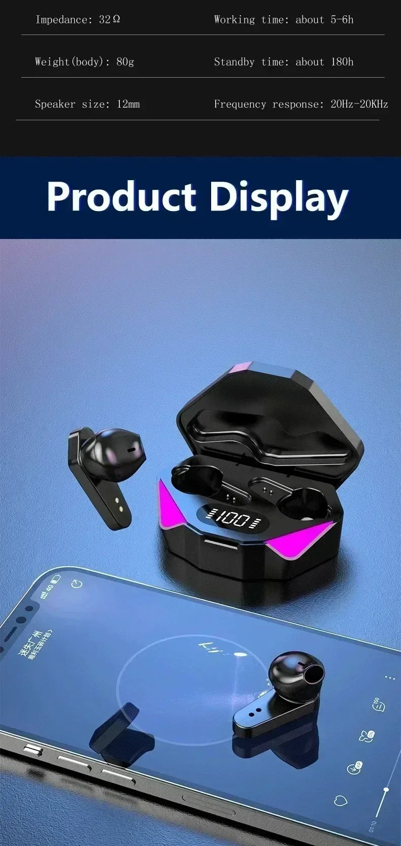 Bluetooth TWS Gaming Earphones Low Latency Wireless In-Ear Headphones With Built-in Mic LED Indicator Lights Pi-Mart