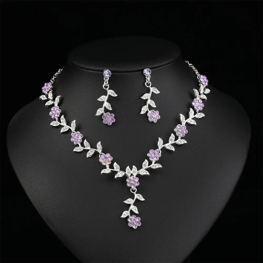Sweet Jewelry Set Exquisite Rhinestone Pendant Banquet Party Women Fashion Romantic Crystal Necklace Earring Accessory Set Pi-Mart