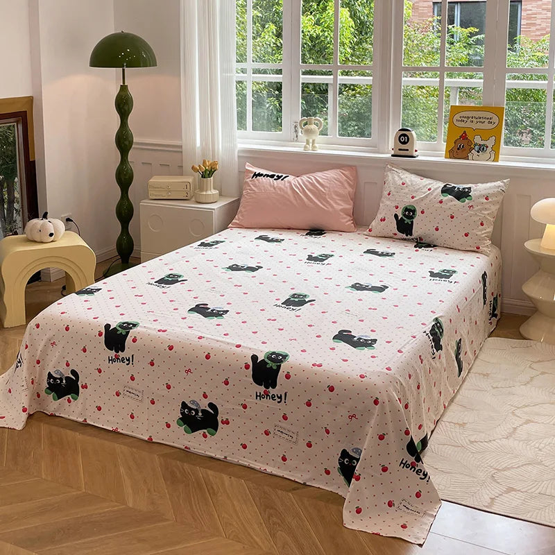 Cute Cat  Bedding Set For adults kids Brown pink Lovely Bed Sheet set With Pillowcases Colorful King Queen Full size LadyShow.Store