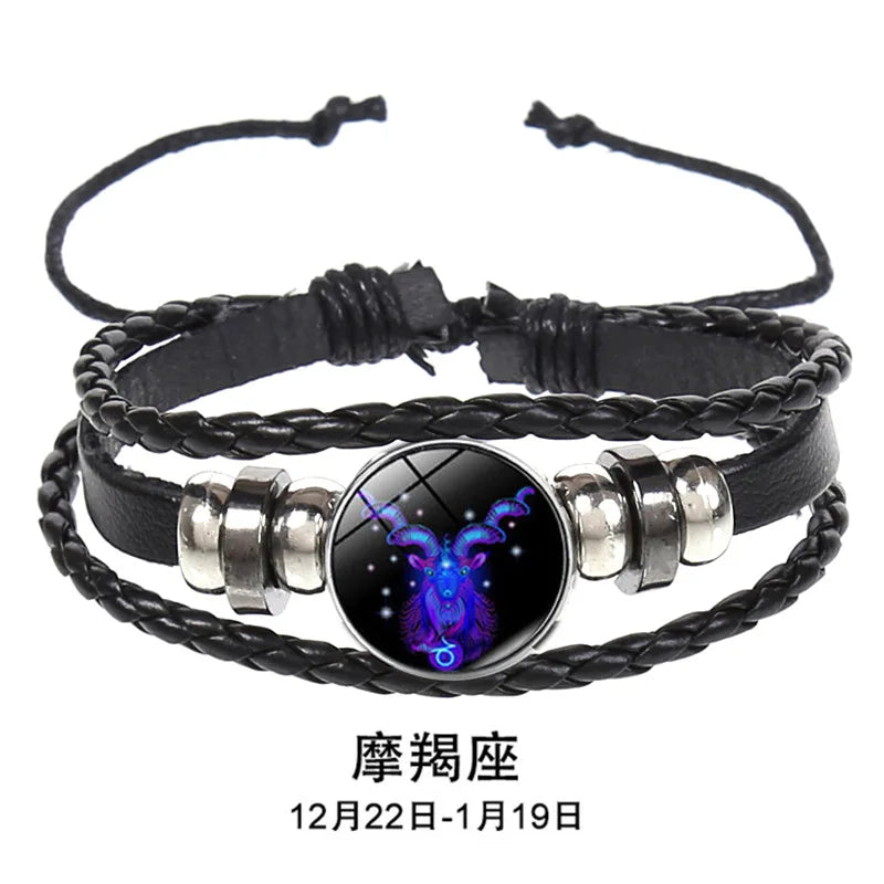 12 Constellation Zodiac Sign Charm Luminous Bracelets Men Women Vintage Multilayer Wrap Leather Chain Bangle Birthday Jewelry Pi-Mart