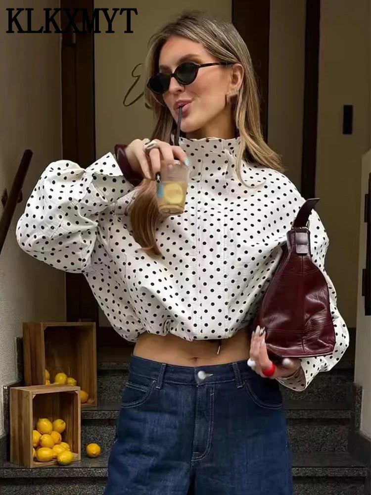 Polka Dot Print Short Coats Women's High Street Long Sleeve Jackets for Women 2026 Elegant Office Ladies Casual Outerwear LadyShow.Store
