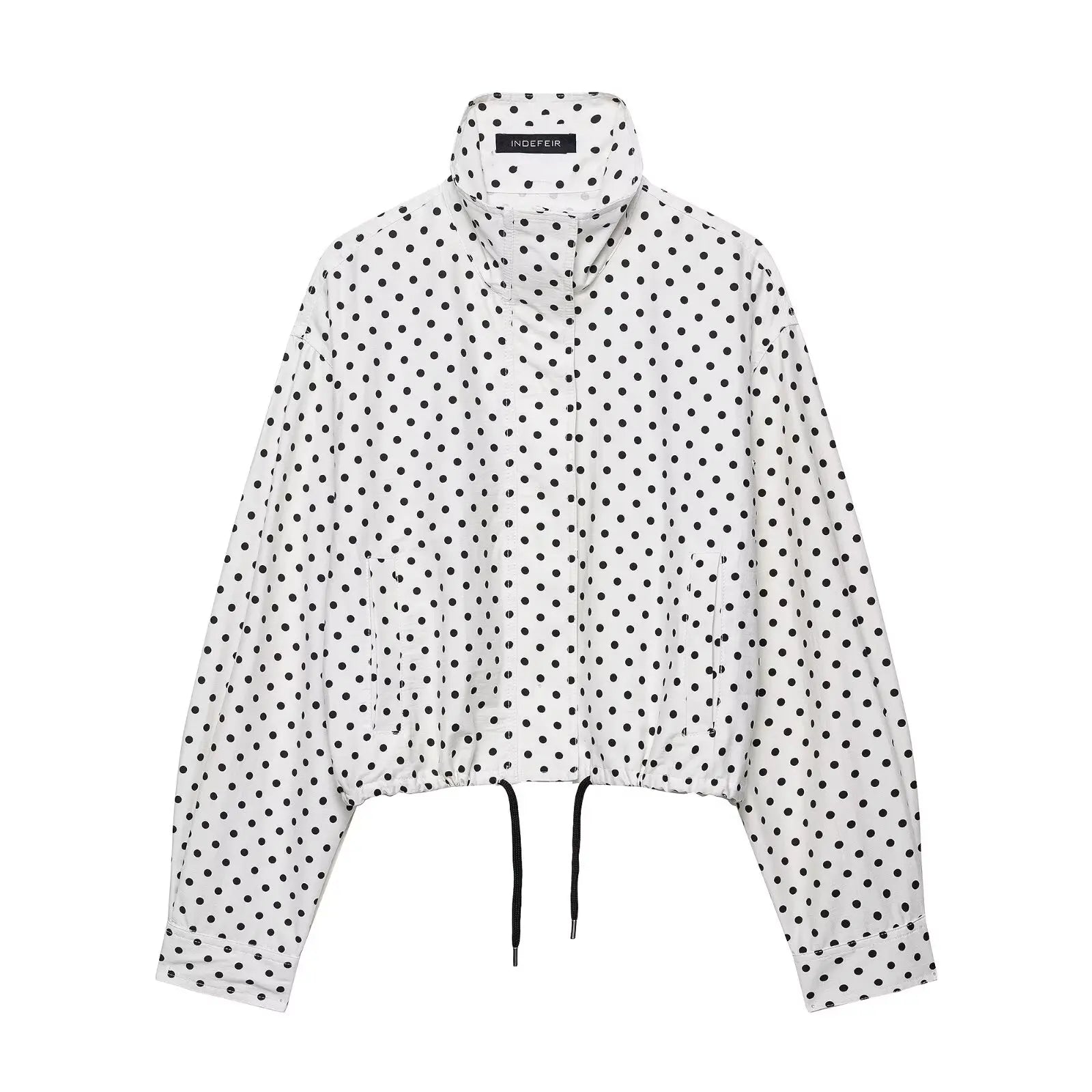 HH Fashion Women's Polka Dot Print Short Coats Autumn Long Sleeves Turtleneck Zipper With Pockets Drawstring Casual Jacket Pi-Mart