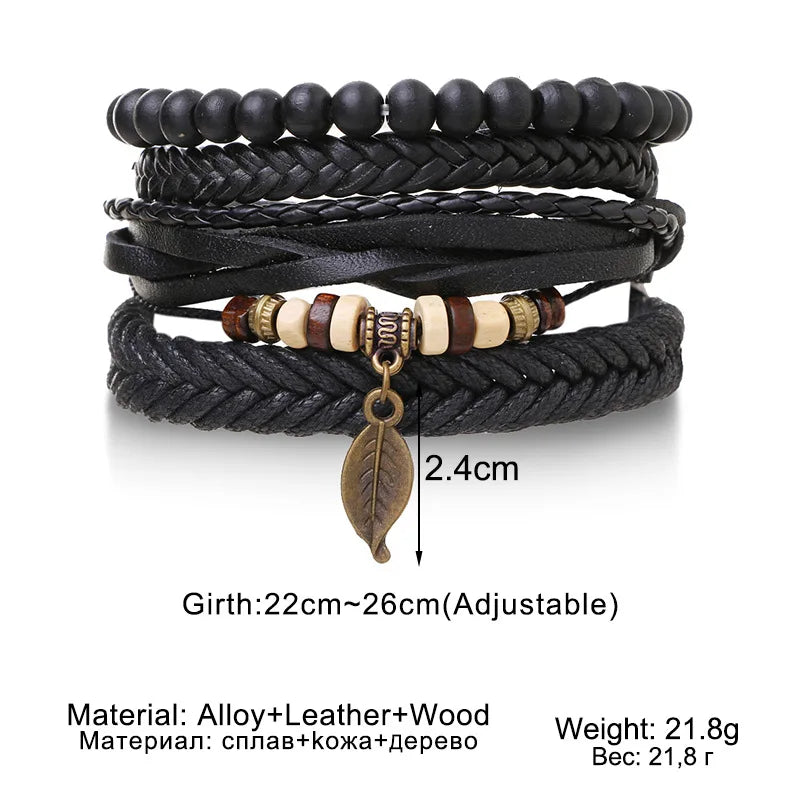 4Pcs/ Set Braided Wrap Leather Bracelets for Men Vintage Life Tree Rudder Charm Wood Beads Ethnic Tribal Wristband Rope Bracelet Pi-Mart
