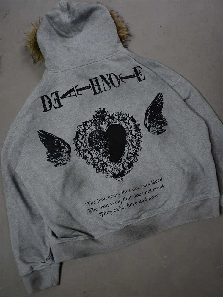 Winter Fashion Streetwear Women's Gothic Printed Faux Fur Hooded Jacket Trendy Edgy Zip - Up Sweatshirt 2026 New Arrival LadyShow.Store