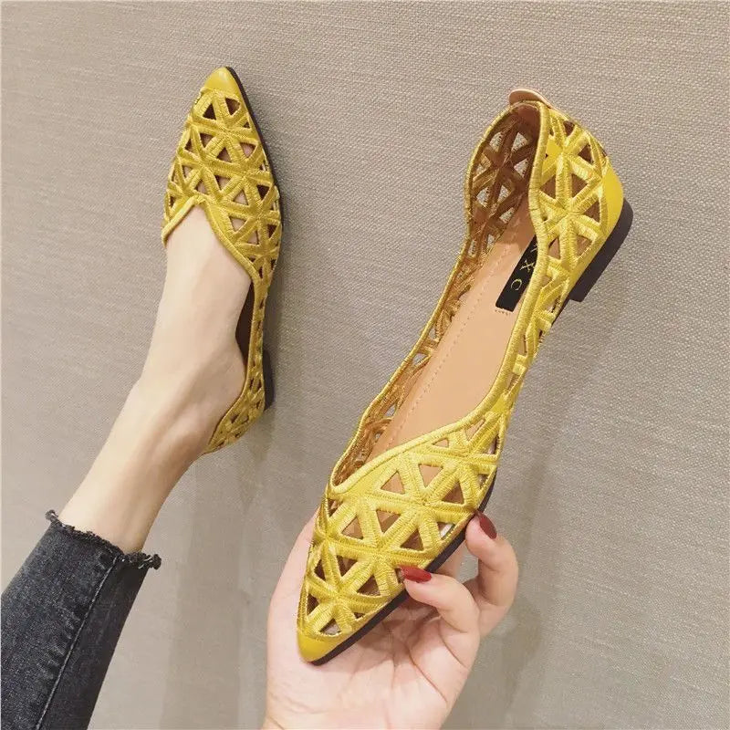 Flat Shoes Women 2026 Summer Pointy Joker Hollow Leisure Commuter Flat Spring Elegant Women's Shoes Breathable Hole Shoes Pi-Mart