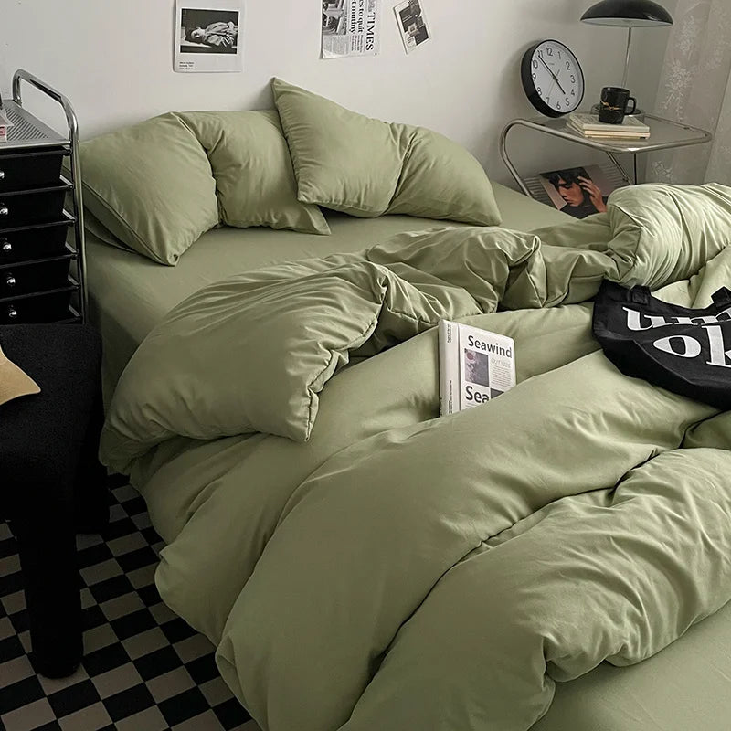 Washed Cotton Bed Linen Bedding Set 4 Pieces Bed Sheets Set Solid Color Comforter Cover Couple Queen King Size Bed Quilt Cover LadyShow.Store