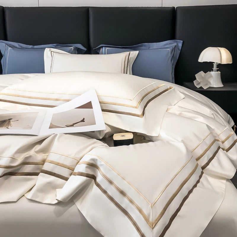 Hotel Style Bedding Set Luxury Golden Embroidery Duvet Cover Grey Egyptian Cotton Bed Sheets Pillowcases Solid Color Bedclothes Pi-Mart