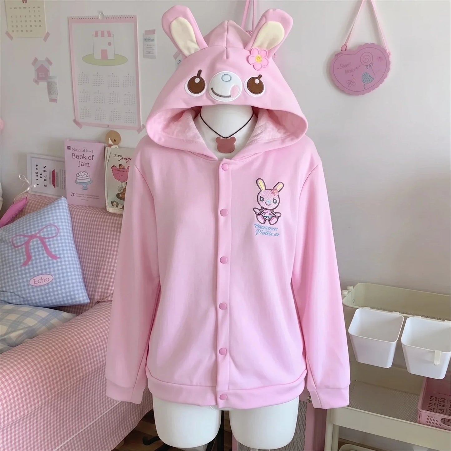 Japanese Cute Coat Embroidery Rabbit Ear Hooded Subculture Kawaii Y2k Tops Casual Fashion Sweet Coats Ropa Mujer Women Clothing LadyShow.Store