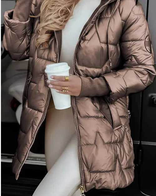 Parkas Coat Women Cotton Padded Jacket Hooded Outerwear Winter Thick Warm Pockets Zipper Puffer Windproof Mid Length Overcoat LadyShow.Store