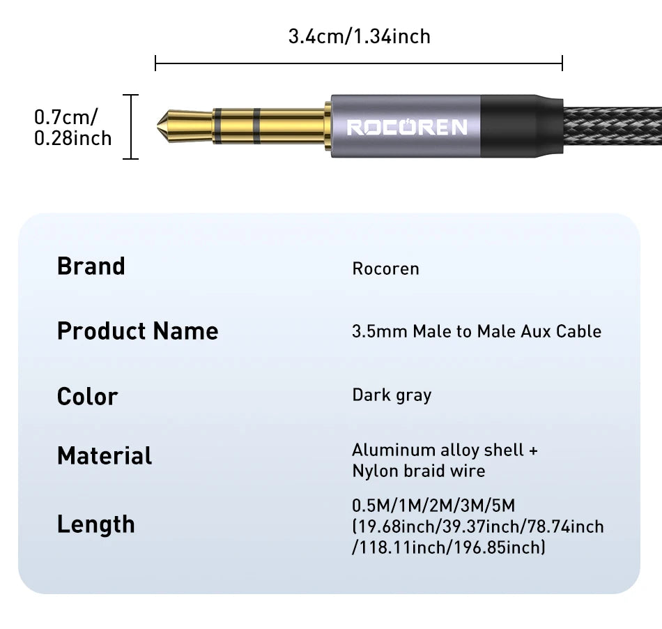 Rocoren Audio Cable 3.5 mm Jack Male to Male Aux Cable For Phone Headphone Car MP3 Speaker Computer 3.5mm Jack Aux Wire Cord 5M Pi-Mart