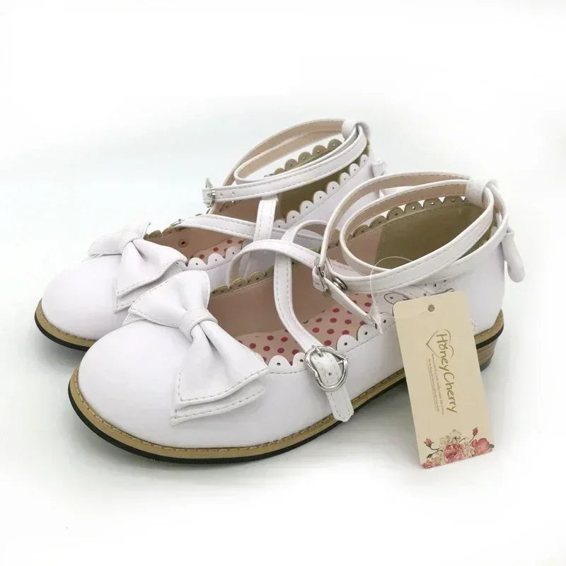 Lolita Shoes Women Flats Low Round With Cross Straps Bow Cute Girls Princess Tea Party Shoes Students Lovely Shoes Size 34-41 LadyShow.Store