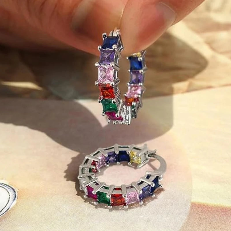 Huitan Princess Square Cubic Zirconia Hoop Earrings Luxury Trendy Ear Circle Earrings for Women Fashion Versatile Female Jewelry Pi-Mart