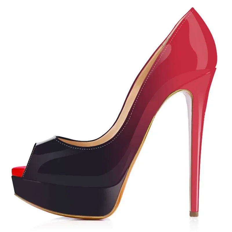 Women Pumps Sexy Platform Peep Toe 14cm Extremely Thin High Heels Stiletto Patent Leather Fashion Party Nighclub Wedding Shoes Pi-Mart