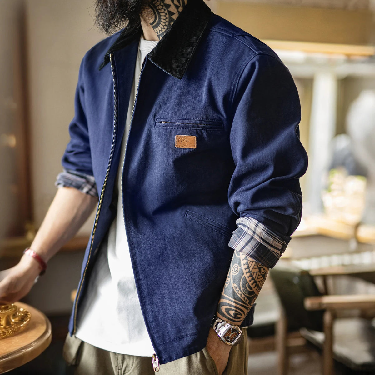 Maden Men's Retro J001 Detroit Jacket Heavyweight Canvas Hunting Coat Lapel Collar Work Jackets with Zipper for Spring Fall Pi-Mart