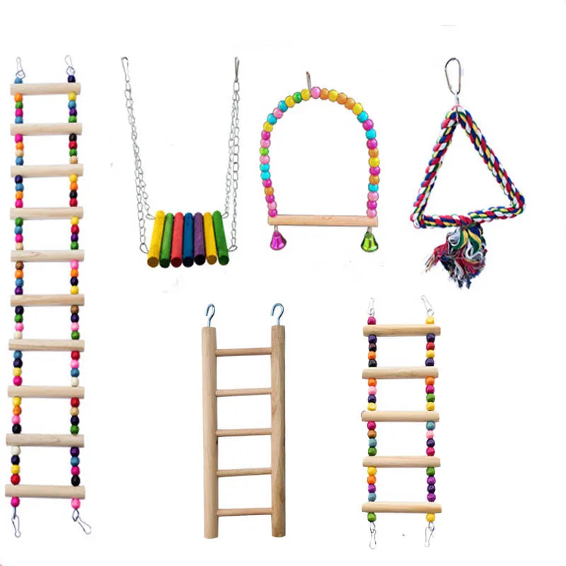 Wooden Bird Toys Small Parrot Chewing Training Toys Cotton Rope Swing Hanging Ring Bell Bird Cage Climbing Ladders Pet Supplies Pi-Mart