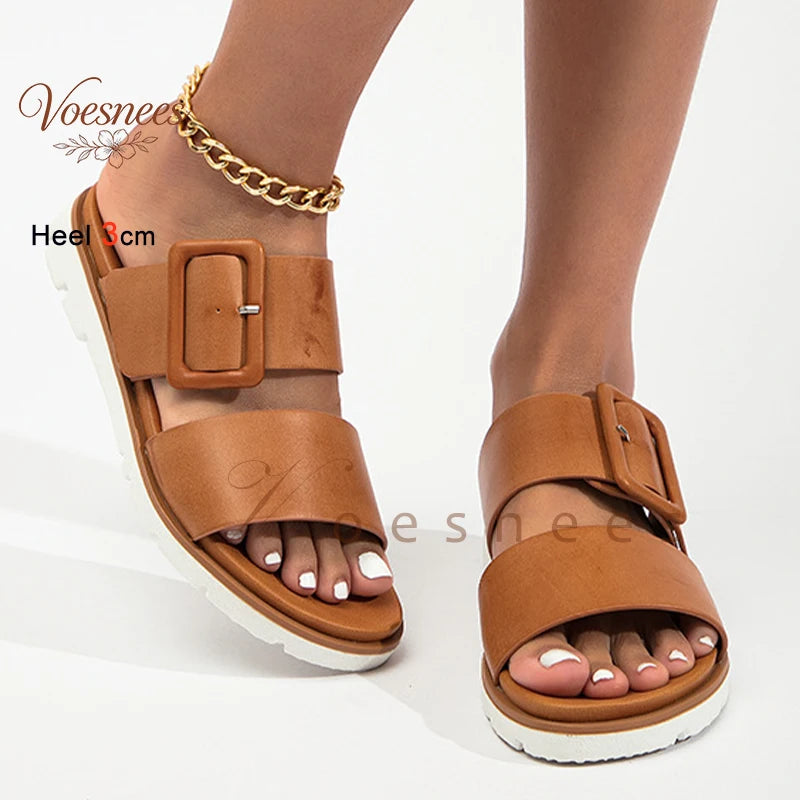 Adjustable Square Buckle Women Slide Sandals Two Strap Platform Slippers Low Heel Soft Sole Summer Open Toe Walking Casual Shoes Pi-Mart