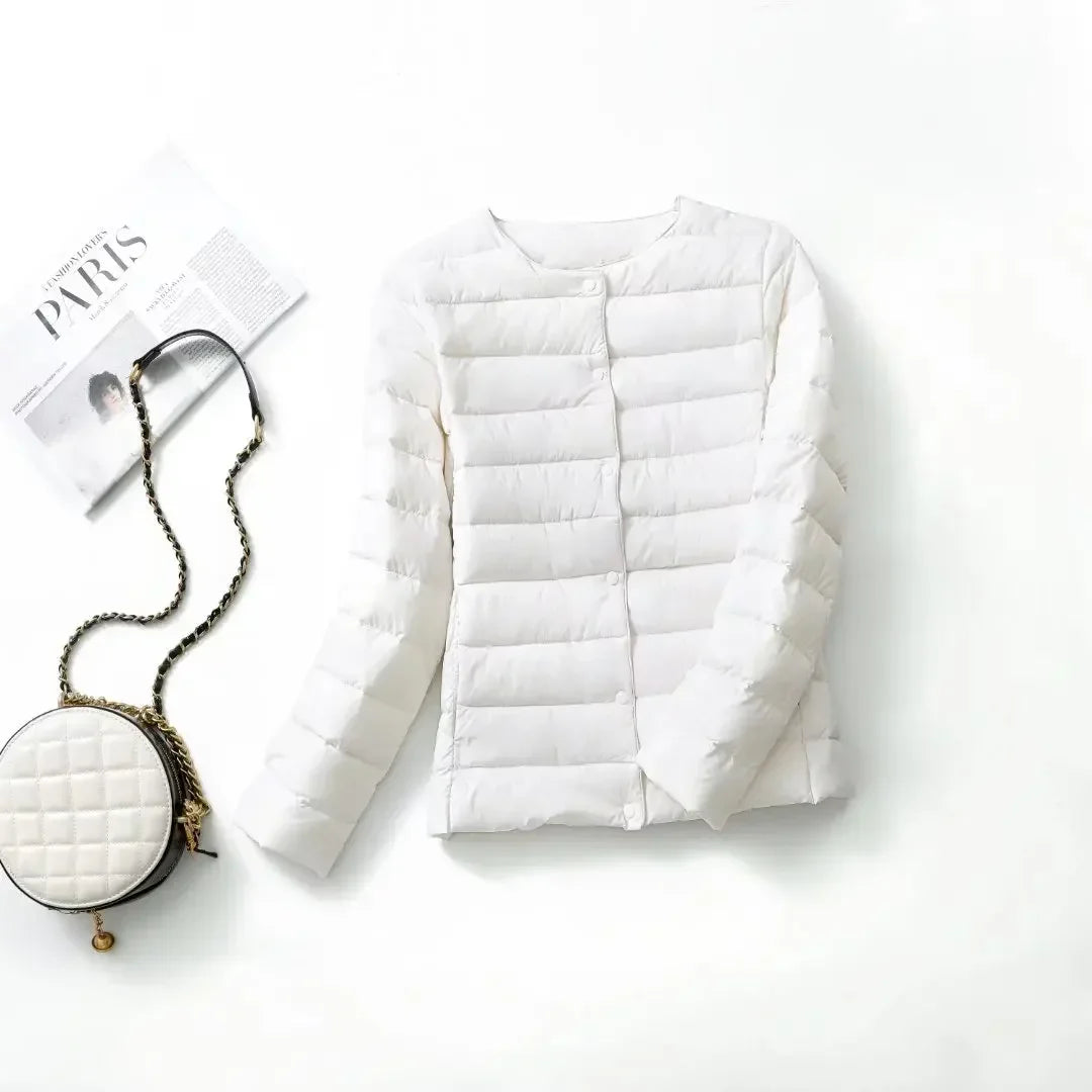 New Female Light Down Coat Women Liner Duck Down Jacket O-neck Variable V-neck 2024 Fall Collarless Light Quilted Puffer Coat LadyShow.Store