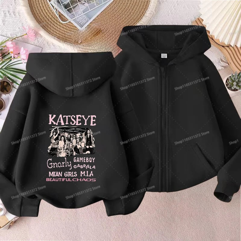 Fashion K POP K-KATSEYE Thin Jacket Cute Printed Coat Girls Sports Clothe Outdoor Workout Casual Top Trendy Birthday Kids Gifts Pi-Mart