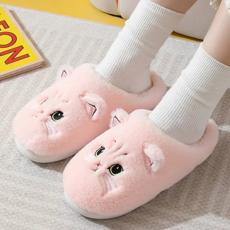 Cute Cat Slippers Fluffy Furry Women Home Platform Slippers Men Winter Plush Slides Indoor Fuzzy Slippers Lovely Cotton Shoes LadyShow.Store