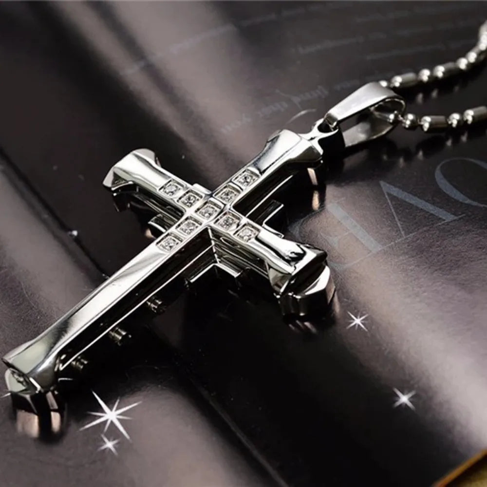 2024 New Male Crystal Cross Jesus Pendant Gold/Black/Blue Color Zirconia Cross Pendant Necklace Stainless Steel Jewelry Pi-Mart