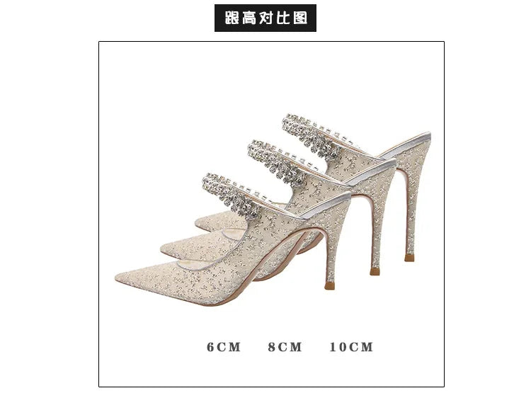 New Fashionable Thin Heel Pointed Water Diamond Mesh Hollow Sandals with Design Sense Half Dragged Muller Shoes ForOuterwear Pi-Mart