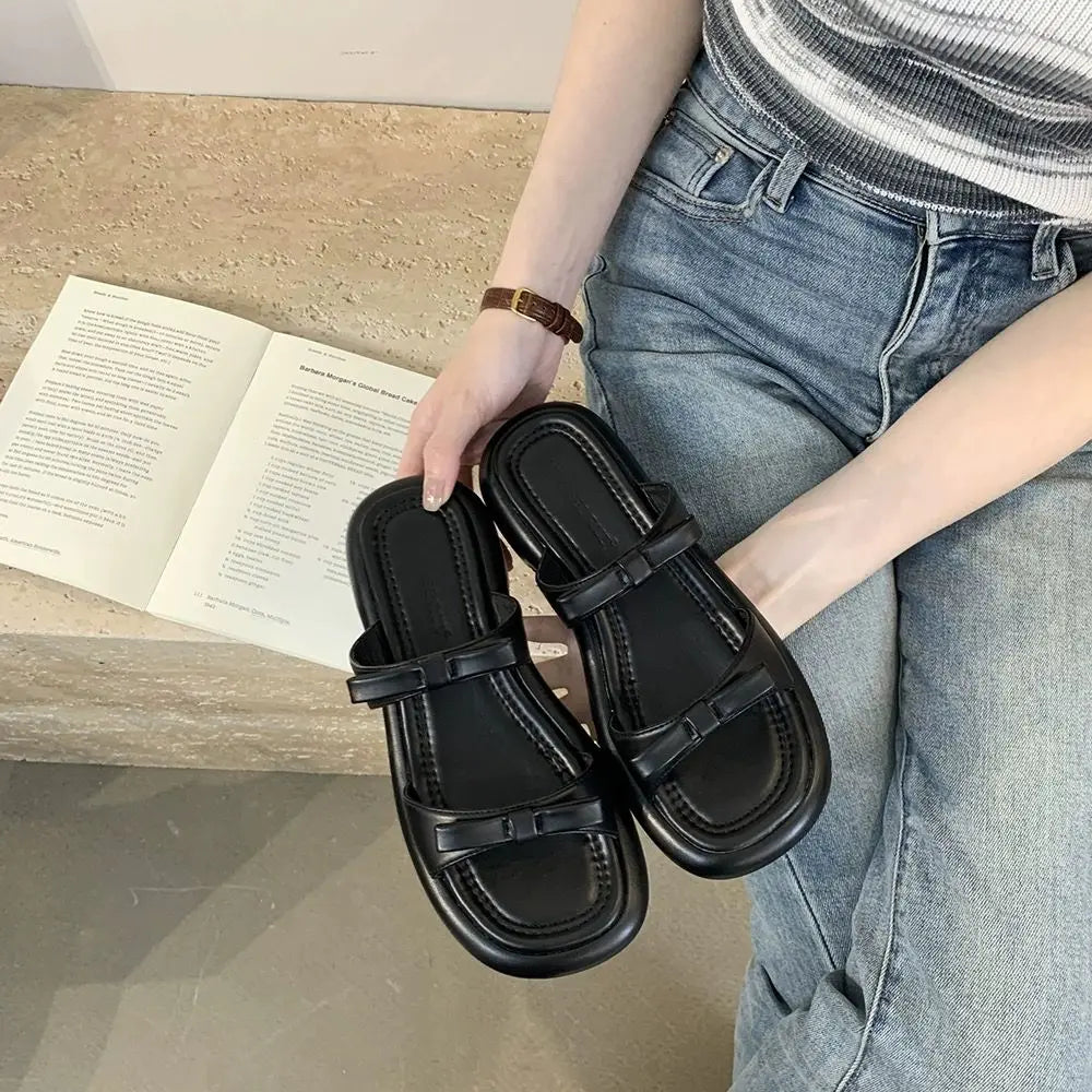 New Summer Women's Slippers 2024 Stylish Peep-toe Low Heel Silver Women's Comfortable Beach Shoes Sapatilas LadyShow.Store