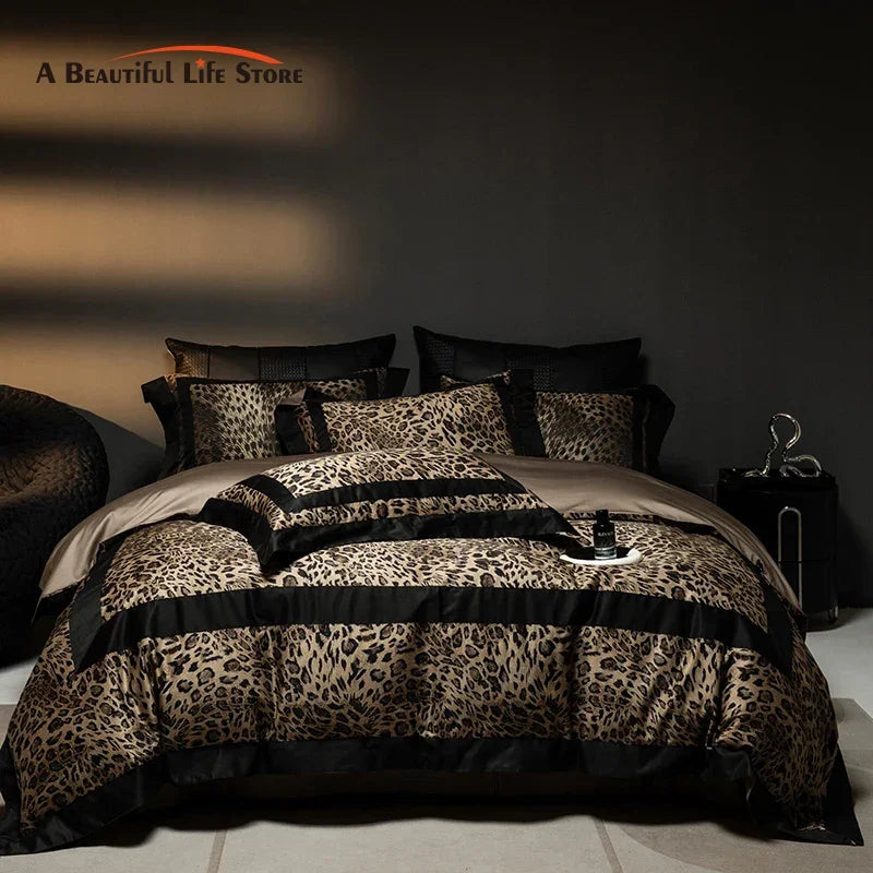 1000TC Egyptian Cotton Leopard Print Fashion Luxury Bedding Set Queen King Size Duvet Cover Flat/Fitted Bed Sheet Pillowcases LadyShow.Store