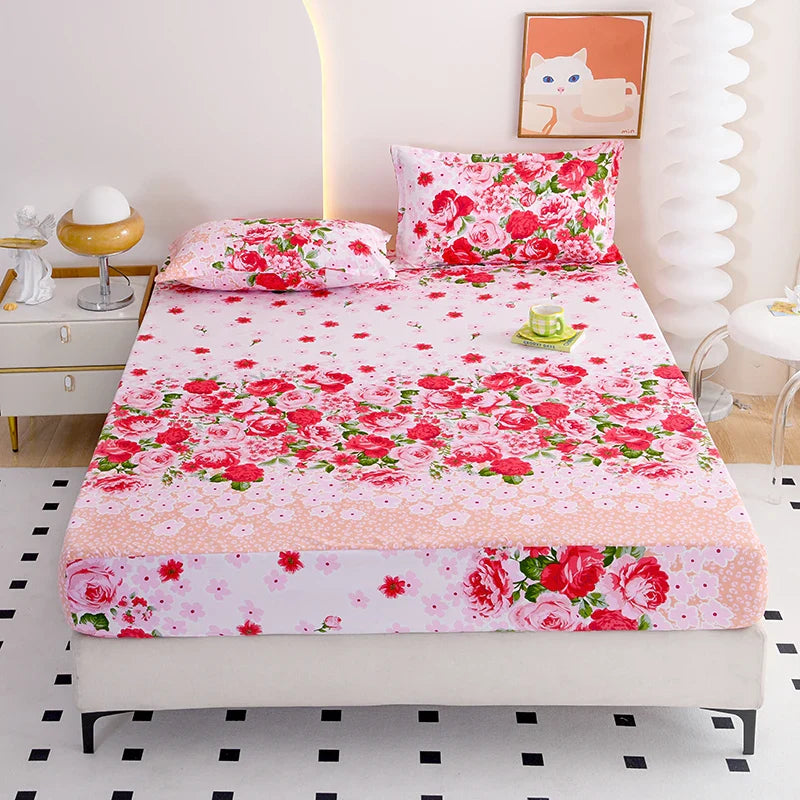 Red Flower Printed Bed Sheet Sets Queen/King Size sabanas cama matrimonial Reactive Printed Fitted Bedsheets for Double Bed LadyShow.Store