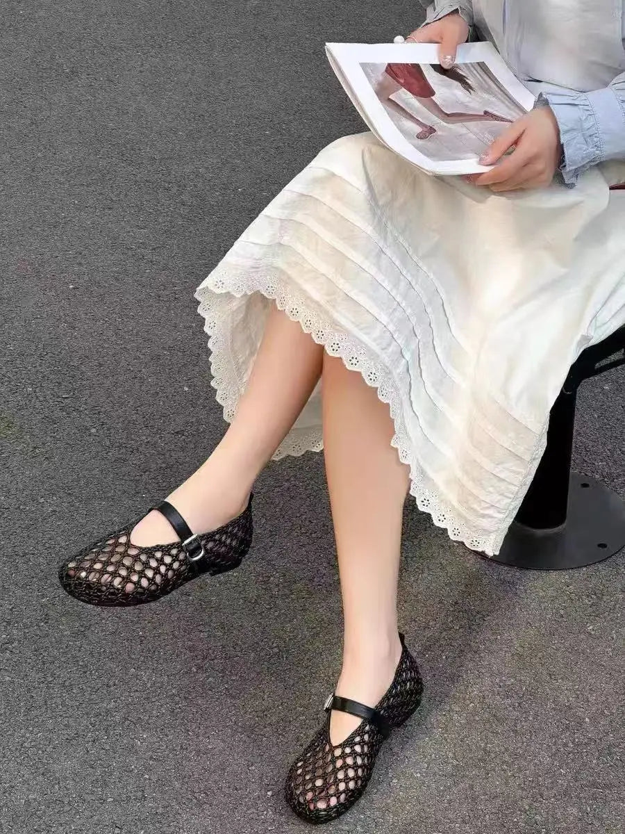 2026 Summer New Fashion Simple One-Buckle Vintage Flats for Women, Soft and Comfortable Ballet Shoes, Shallow Mouth Sandals Pi-Mart
