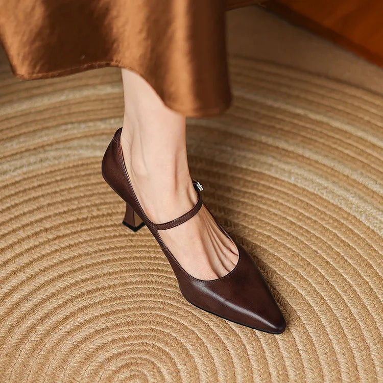 NEW Spring/Autumn Women Pumps Genuine Leather Shoes for Women Pointed Toe Thin Heel Shoes Shallow Buckle Strap Mary Janes Shoes Pi-Mart