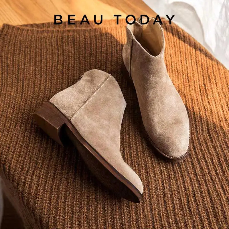 BEAUTODAY Suede Ankle Boots Women Soft Cow Leather Back Zip V-shape Ladies Autumn Winter Boots Handmade 03274 Pi-Mart