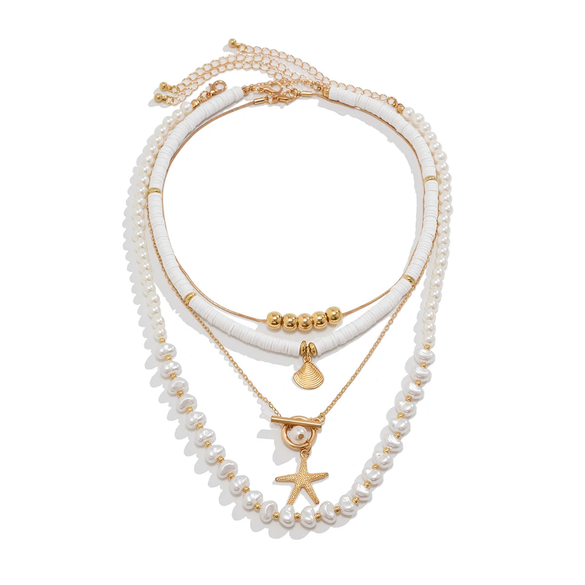 Ingemark 3Pcs/Set Bohemian Scallop Starfish Pendant Necklace for Women  Elegant Imitation Pearl Chain Jewelry Accessories Gift Pi-Mart